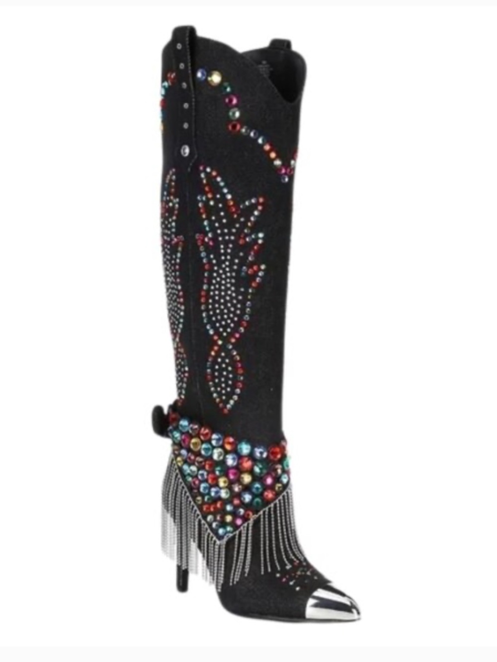 Gianni Bini Kaitrin Colorful Rhinestone Denim Heeled Pointy Tall Boots 8